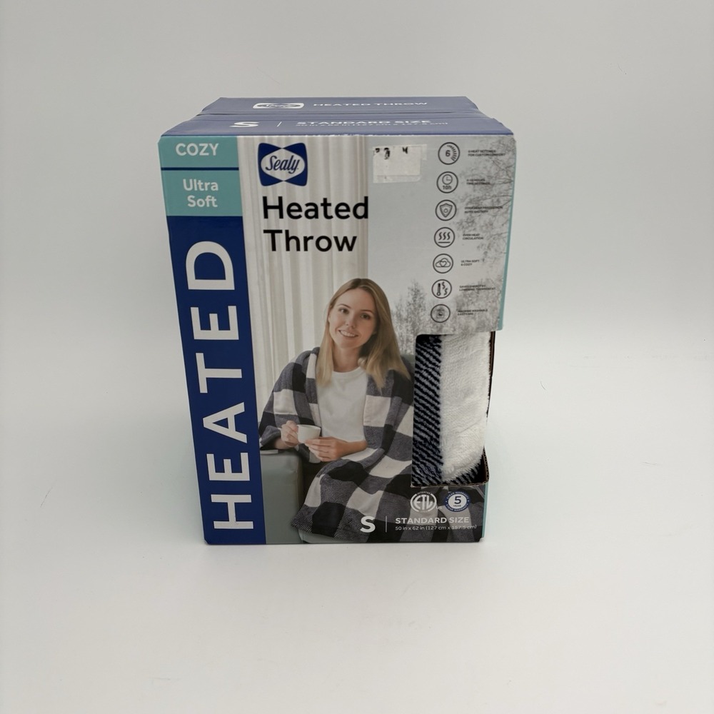 SEALY Blue Plaid Heated Electric Throw Blanket 50x62 SILKY FLANNEL 6 Settings